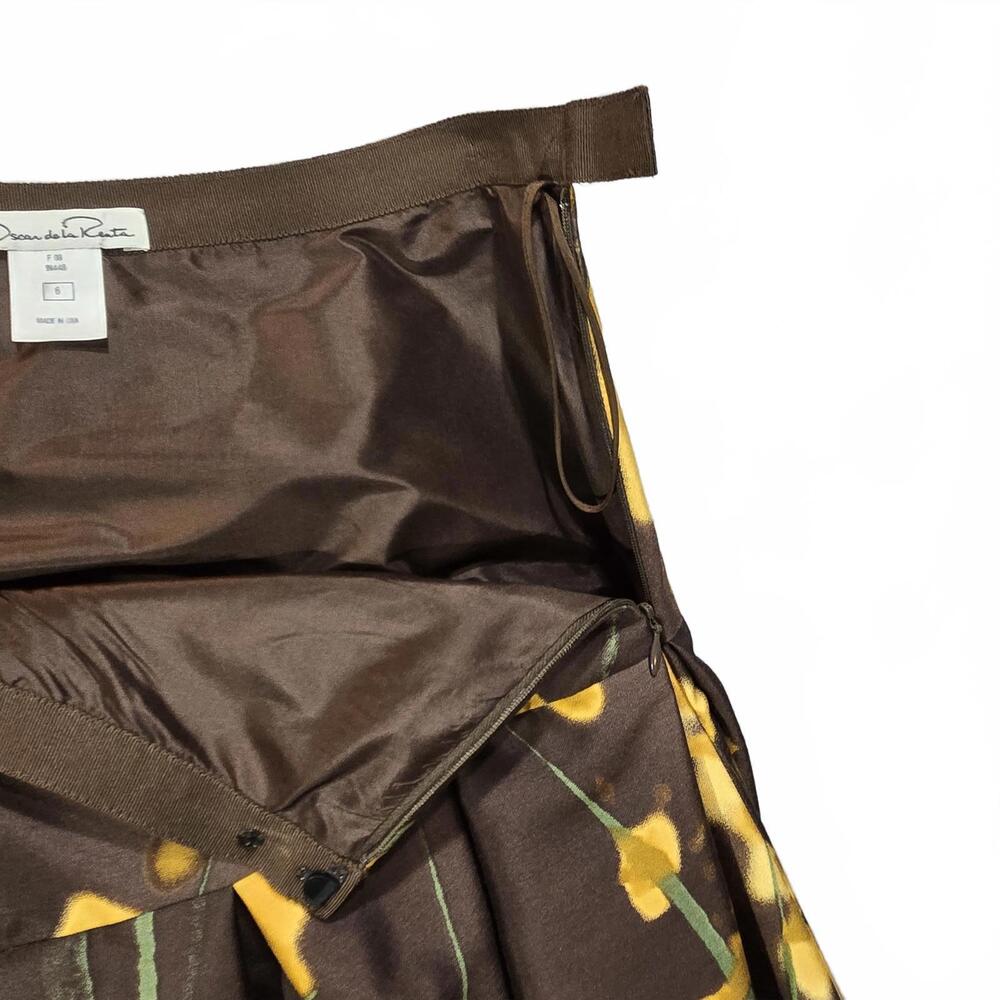 Oscar de la Renta F08 Silk Wool Floral Drop Waist Pleated Skirt Size 6 Brown - Picture 6 of 9